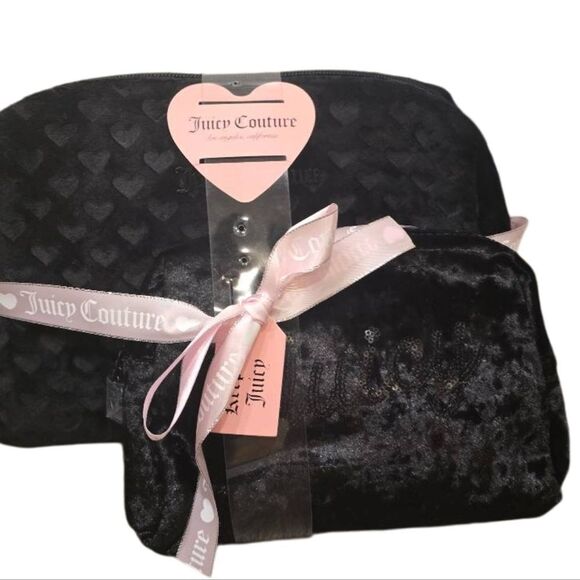 Juicy Couture Signature Logo Heart Embossed 2-PC Velour Travel Cosmetic Bag Set - Picture 3 of 10